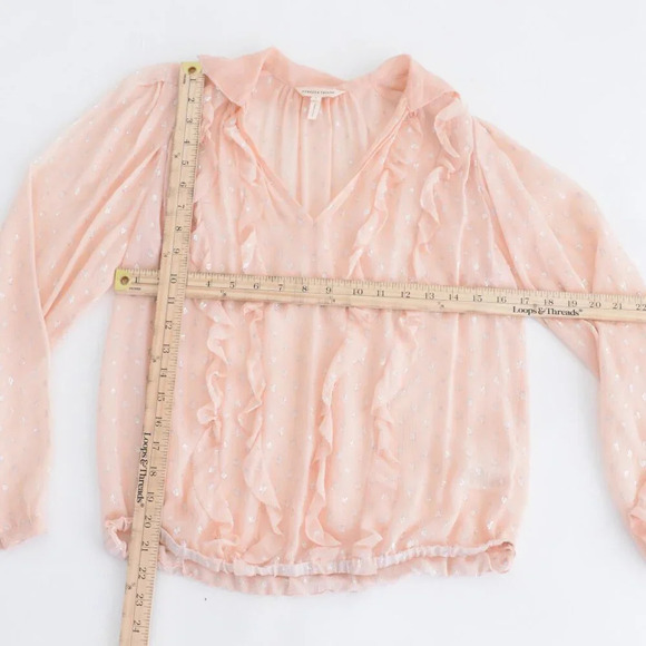 Rebecca Taylor Peach Silk Polka Dot Metallic Tie Neck Ruffle Long Sleeve Blouse2 - Picture 4 of 11